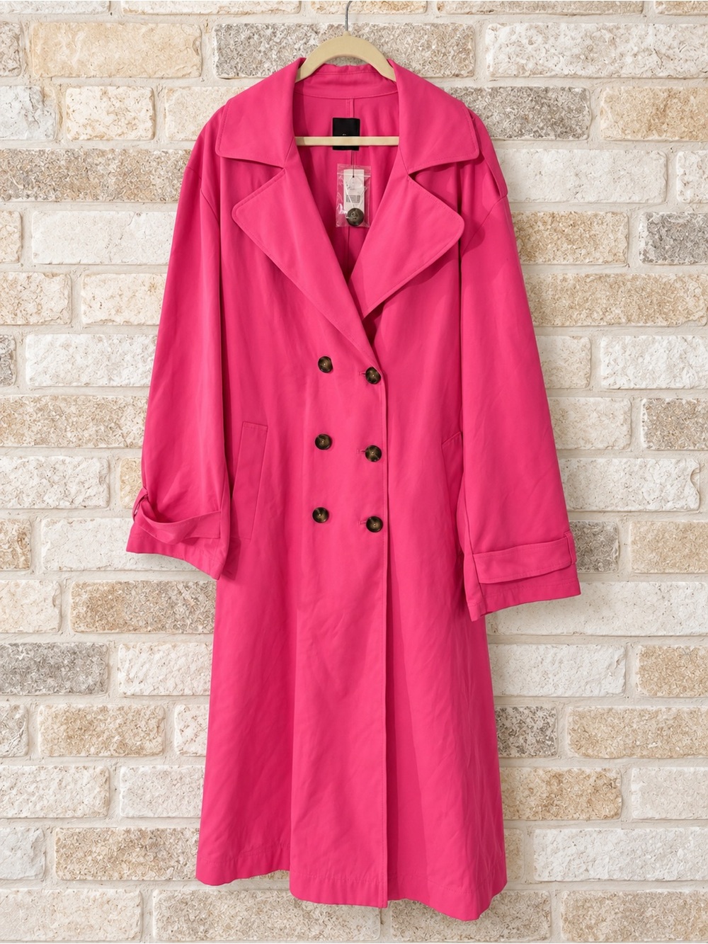 Lane Bryant Plus Pink Maxi Trench Coat Sz 28 Belted Double Breasted Longline NWT - Picture 2 of 5